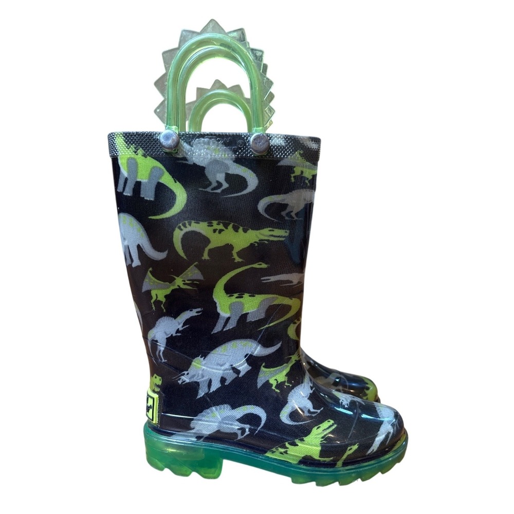 Western Chief Rain Boots Kids Black Green‎ Dinosaur Waterproof SIZE 6